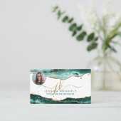 Turquoise Agaat Gold Script Monogram Foto Visitekaartje (Staand voorkant)