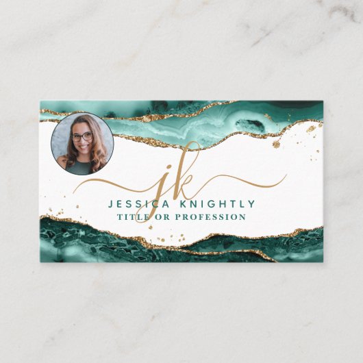 Turquoise Agaat Gold Script Monogram Foto Visitekaartje (Voorkant)