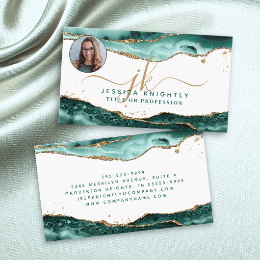 Turquoise Agaat Gold Script Monogram Foto Visitekaartje