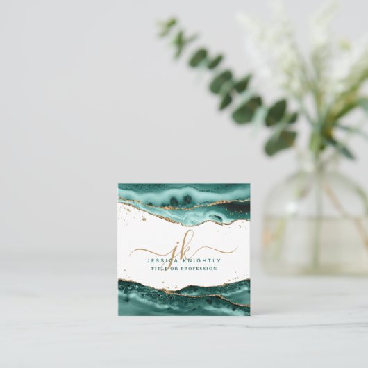 Turquoise agaat Gold Script Monogram QR-code Vierkante Visitekaartje (Staand voorkant)