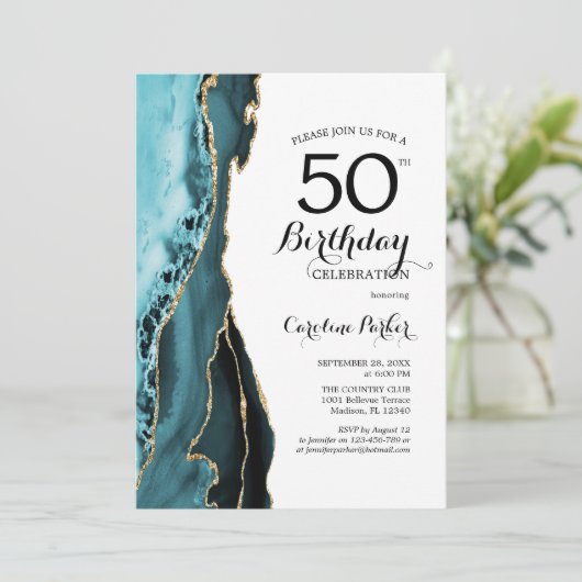 Turquoise Agaat Gold White 50e verjaardag Kaart (Staand voorkant)