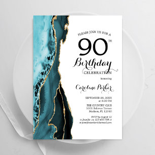 Turquoise Agaat Gold White 90ste verjaardag Kaart