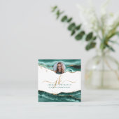 Turquoise Agaat Script Monogram Foto Vierkante Visitekaartje (Staand voorkant)
