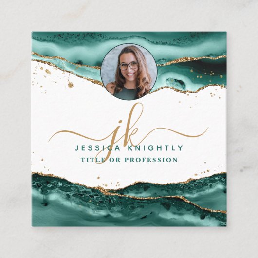 Turquoise Agaat Script Monogram Foto Vierkante Visitekaartje (Voorkant)