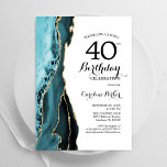Turquoise Agaat Wit Goud 40e Verjaardag Kaart<br><div class="desc">Turquoise,  witte en gouden agaat 40e verjaardag uitnodiging. Elegant modern design met waterverf agaat marmeren geode achtergrond,  faux glitter goud en typografie script lettertype. Trendy uitnodigingskaart perfect voor een stijlvol vrouwenfeest. Gedrukte Zazzle-uitnodigingen of direct downloadbare digitale afdrukbare sjabloon.</div>