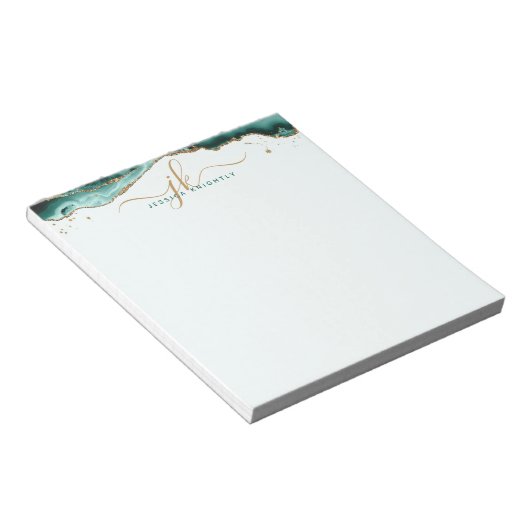 Turquoise Agate Geode Gold Glitter Script Monogram Notitieblok (Schuin)