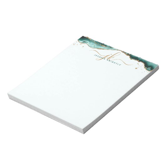 Turquoise Agate Geode Gold Glitter Script Monogram Notitieblok (Linkerzijde)
