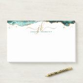 Turquoise Agate Geode Gold Glitter Script Monogram Post-it® Notes (Op bureau)