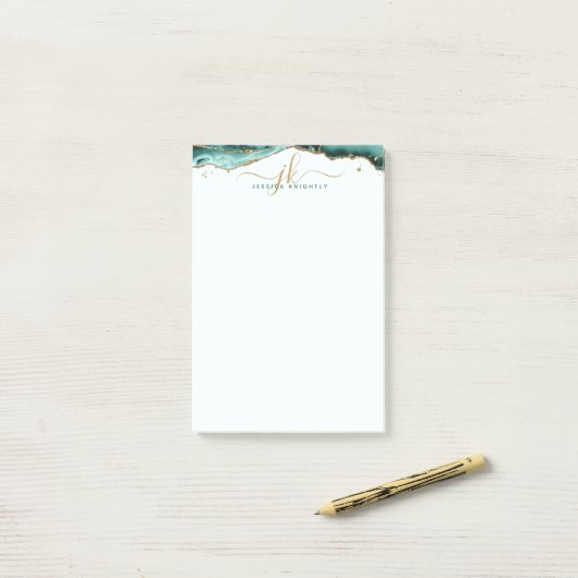 Turquoise Agate Geode Gold Glitter Script Monogram Post-it® Notes (Op bureau)