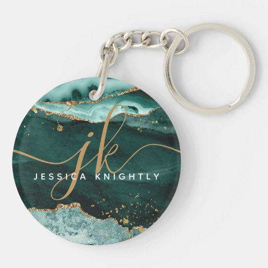 Turquoise Agate Geode Gold Glitter Script Monogram Sleutelhanger (Achterkant)
