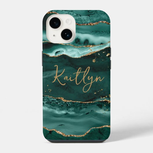 Turquoise Agate Geode Gouden Glitter Script Naam iPhone Hoesje (Achterkant)