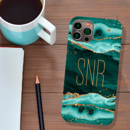 Turquoise Agate Geode Monogram Naam Gold Glitter Case-Mate iPhone 14 Hoesje