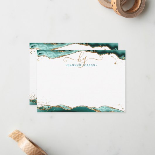 Turquoise Agate Geode Monogram Script Gold Glitter Notitiekaartje (Voorkant / Achterkant in situ)