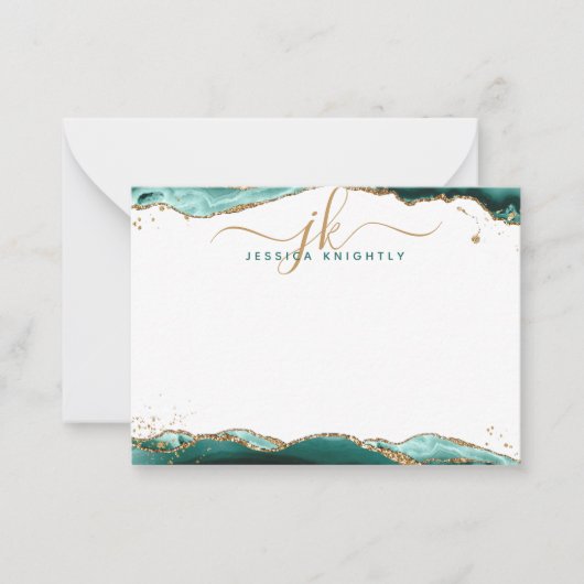 Turquoise Agate Geode Script Monogram Gold Glitter Notitiekaartje (Voorkant)