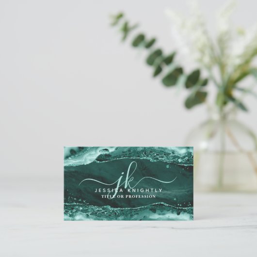 Turquoise Agate Glitter Monogram Script Swash Visitekaartje (Staand voorkant)