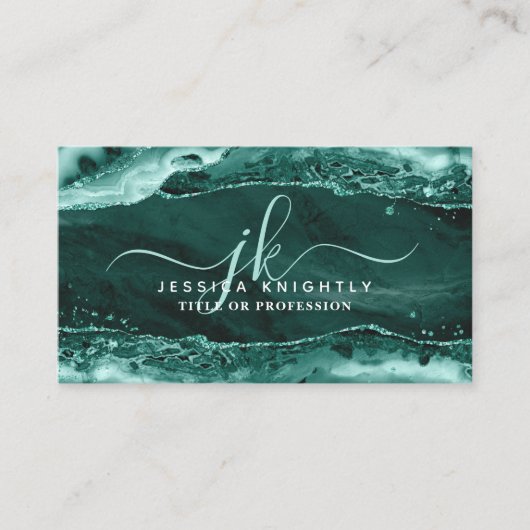 Turquoise Agate Glitter Monogram Script Swash Visitekaartje (Voorkant)