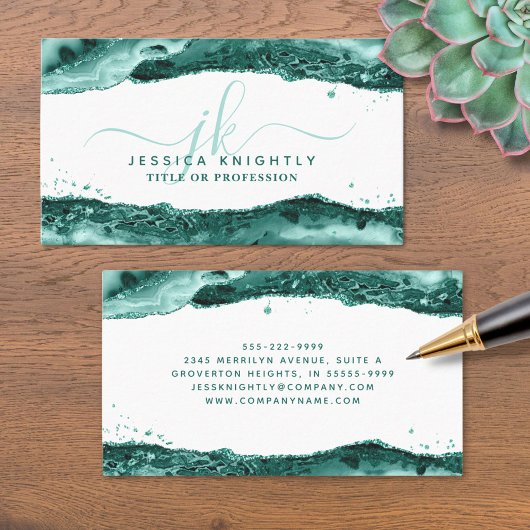 Turquoise Agate Glitter Monogram Script Swash Visitekaartje