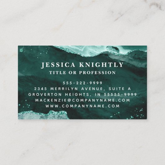 Turquoise Agate Glitter Script Monogram Visitekaartje (Achterkant)