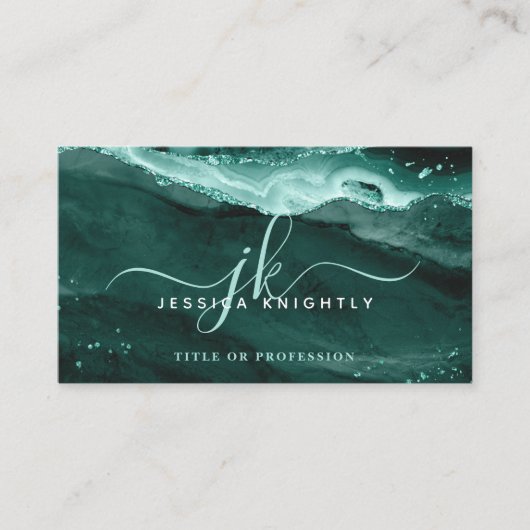 Turquoise Agate Glitter Script Monogram Visitekaartje (Voorkant)
