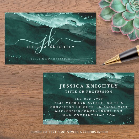 Turquoise Agate Glitter Script Monogram Visitekaartje