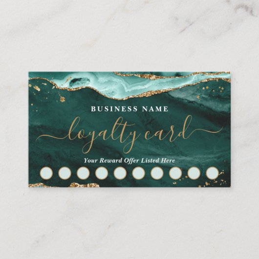 Turquoise Agate Gold Glitter Script 10 Punch Klantenkaartje (Voorkant)