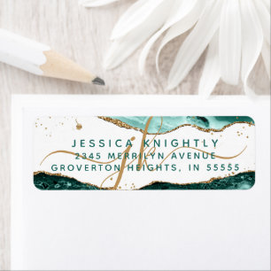 Turquoise Agate Gold Glitter Script Monogram Etiket