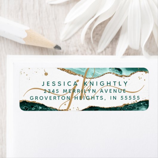 Turquoise Agate Gold Glitter Script Monogram Etiket (Insitu)