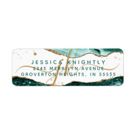Turquoise Agate Gold Glitter Script Monogram Etiket