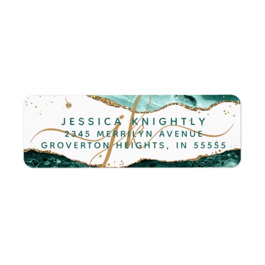 Turquoise Agate Gold Glitter Script Monogram Etiket (Voorkant)