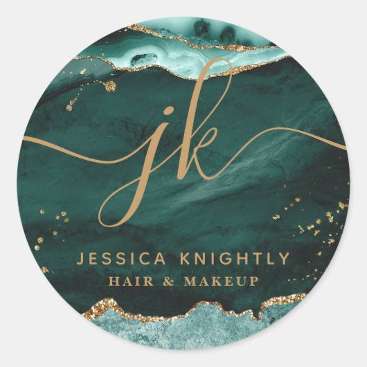 Turquoise Agate Gold Glitter Script Monogram Logo Ronde Sticker (Voorkant)
