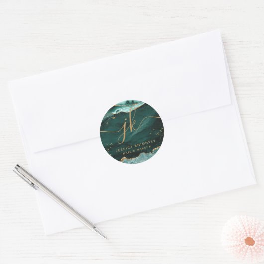 Turquoise Agate Gold Glitter Script Monogram Logo Ronde Sticker (Envelop)