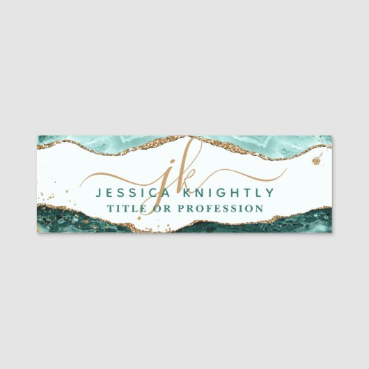 Turquoise Agate Gold Glitter Script Monogram Naamplaatje (Voorkant)