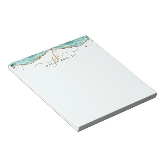 Turquoise Agate Gold Glitter Script Monogram Notitieblok (Schuin)