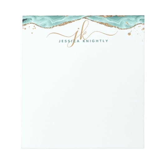 Turquoise Agate Gold Glitter Script Monogram Notitieblok (Voorkant)