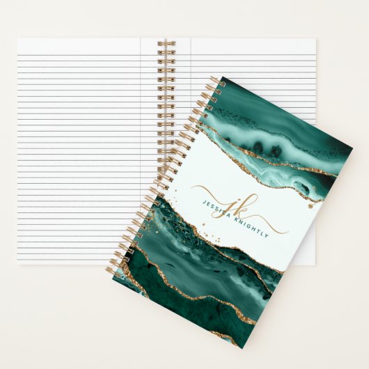 Turquoise Agate Gold Glitter Script Monogram Notitieboek (Binnen)