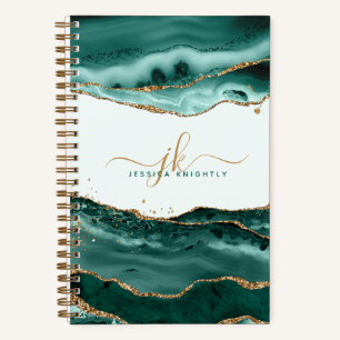 Turquoise Agate Gold Glitter Script Monogram Notitieboek