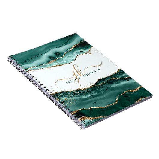 Turquoise Agate Gold Glitter Script Monogram Notitieboek (Rechterzijde)