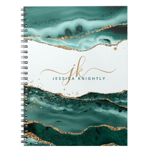 Turquoise Agate Gold Glitter Script Monogram Notitieboek (Voorkant)