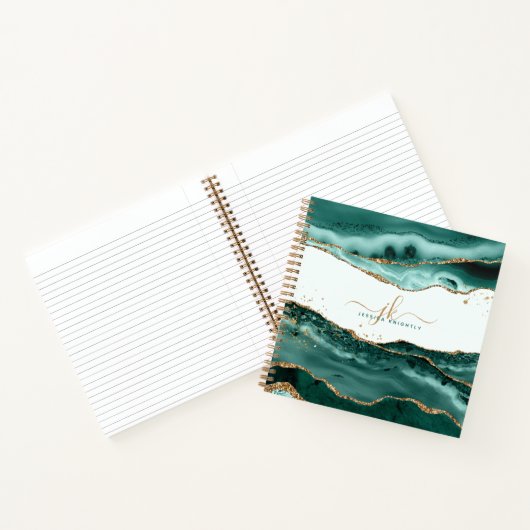 Turquoise Agate Gold Glitter Script Monogram Notitieboek (Binnen)