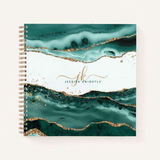 Turquoise Agate Gold Glitter Script Monogram Notitieboek (Voorkant)