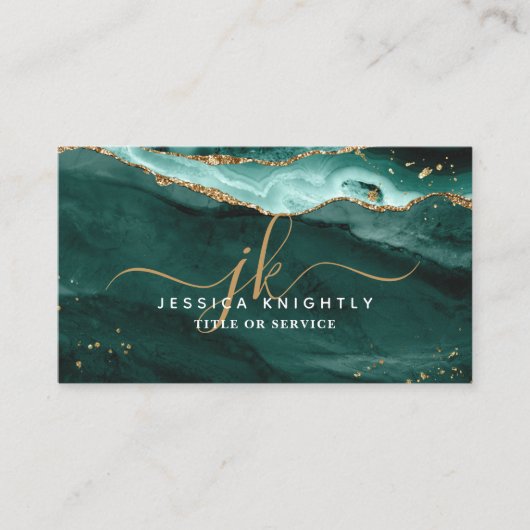 Turquoise Agate Gold Glitter Script Monogram Visitekaartje (Voorkant)