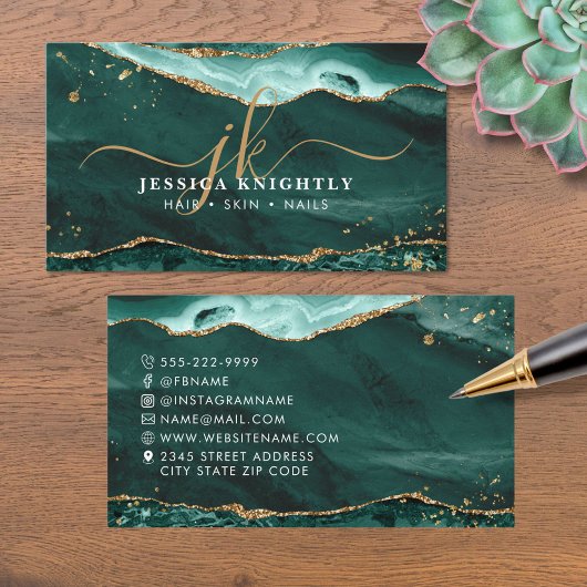 Turquoise Agate Gold Glitter Script Monogram Visitekaartje