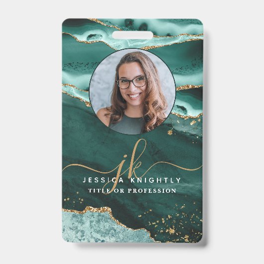 Turquoise Agate Gouden Glitter Schrift Monogram Fo Badge (Voorzijde)