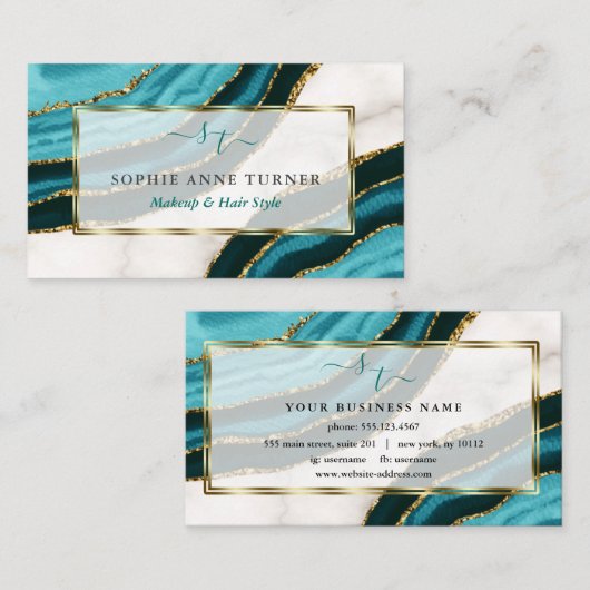 Turquoise Agate Initialen Calligraphy Logo Brandin Visitekaartje (Voorkant / Achterkant)