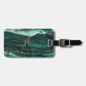 Turquoise Agate Script Monogram Gold Glitter Bagagelabel (Voorkant horizontaal)