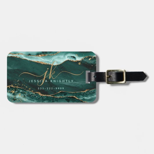 Turquoise Agate Script Monogram Gold Glitter Bagagelabel (Voorkant horizontaal)