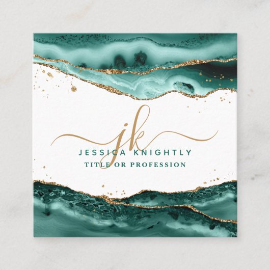 Turquoise Agate Script Monogram Gold Glitter Vierkante Visitekaartje (Voorkant)