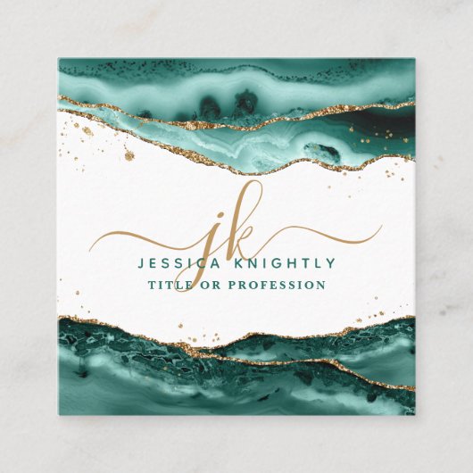 Turquoise Agate Script Monogram Gold Glitter Vierkante Visitekaartje (Voorkant)