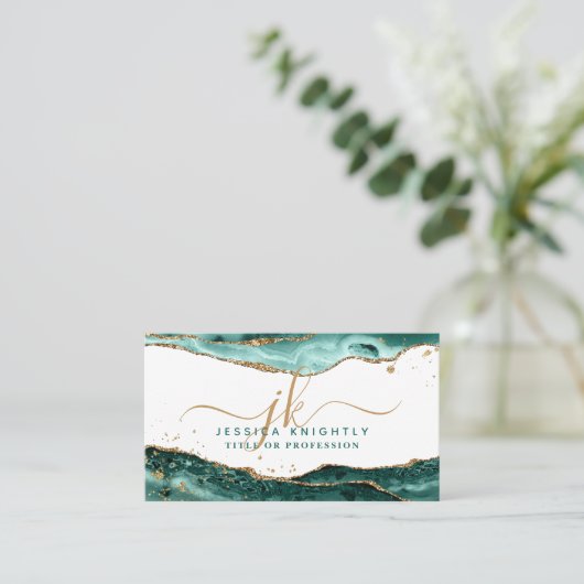 Turquoise Agate Script Monogram Gold Glitter Visitekaartje (Staand voorkant)