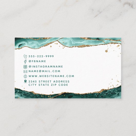Turquoise Agate Script Monogram Gold Glitter Visitekaartje (Achterkant)